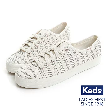 【Keds】KICKSTART 復古風條紋綁帶帆布鞋US8.5奶油白