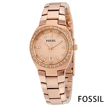 FOSSIL  溫柔玫金點鑽皇室風鋼帶石英女錶-玫金色x28mm-AM4508