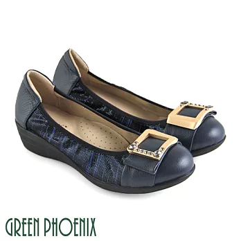 ◤Green Phoenix◥霧面方型水鑽全真皮小坡跟娃娃鞋EU34深藍色