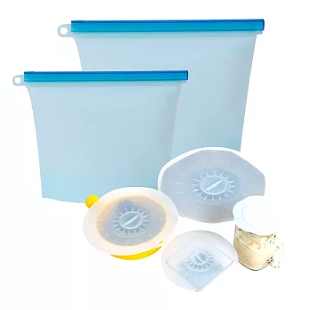 EG Home 宜居家 矽膠食物密封保鮮袋/蓋_6件組(保鮮袋-1000mlx1+1500mlx1+保鮮蓋-4款尺寸各x1)保鮮袋-藍色