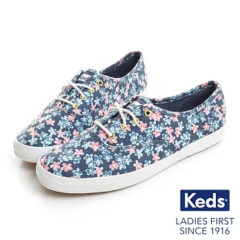 【Keds】CHAMPION 粉嫩印花經典綁帶休閒鞋US7.5靛藍