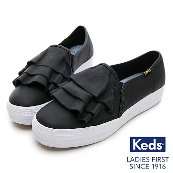 【Keds】TRIPLE RUFFLE 皮革荷葉休閒鞋US7黑色