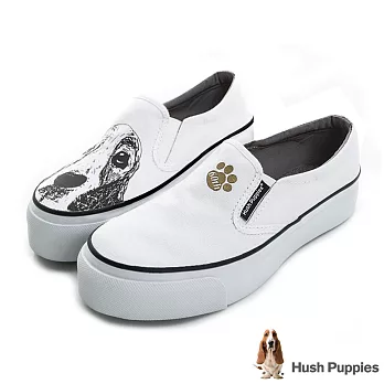 Hush Puppies 巴吉度狗印花咖啡紗厚底懶人鞋US8白色