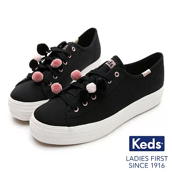 【Keds】TRIPLE KICK 毛球裝飾厚底綁帶休閒鞋(黑)US6.5黑