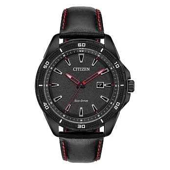 CITIZEN 光動能車縫線運動時尚皮革腕錶-黑-AW1585-04E