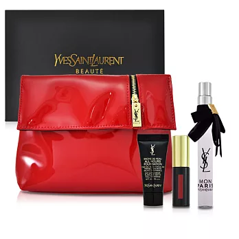 YSL 經典禮A (恆久無瑕粉底+漆光唇釉+淡香精+手拿包)(百貨專櫃貨)