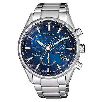 CITIZEN 光動能時尚鈦金屬三眼腕錶-銀X藍-CB5020-87L