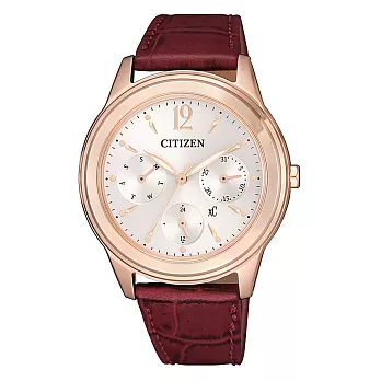 CITIZEN xC光動能絕代氣質三眼腕錶-酒紅皮革-FD2062-03A