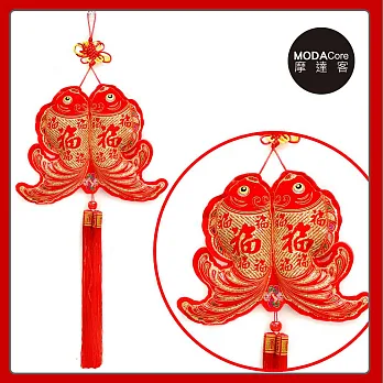 農曆春節新年元宵◉金線刺繡雙魚雙福單流蘇吊飾掛飾
