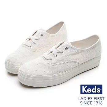 【Keds】TRIPLE 緹花厚底綁帶帆布鞋US6白