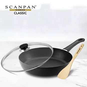 【Scanpan】經典系列 28cm 高身單柄不沾平底鍋(無蓋)+高拱玻璃蓋 28cm 贈高級櫸木木鏟