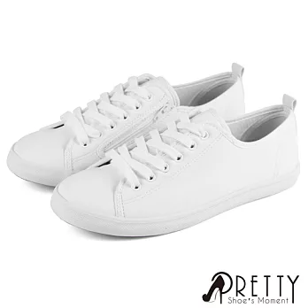 【Pretty】女 休閒鞋 素面 綁帶 側拉鍊 平底 台灣製 JP25.5 白色