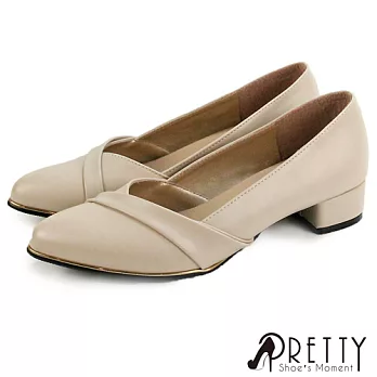 【Pretty】女 低跟鞋 反摺 斜口 金邊 尖頭 粗跟 台灣製 JP22.5 米色