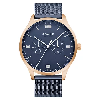 OBAKU 雋永時刻雙眼經典腕錶-玫瑰金色x藍色