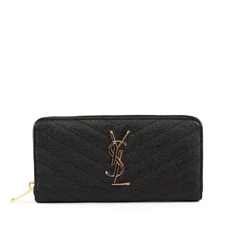 YSL 山形紋荔枝皮金字logoㄇ型拉鏈長夾 (黑色)