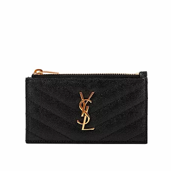 YSL 山形紋荔枝皮金字Logo拉鍊卡片/零錢夾 (黑色)