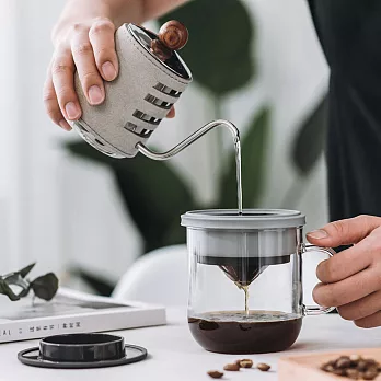 【PO:Selected】丹麥DIY手沖咖啡二件組 (手沖咖啡壺-灰/咖啡玻璃杯350ml-黑灰)