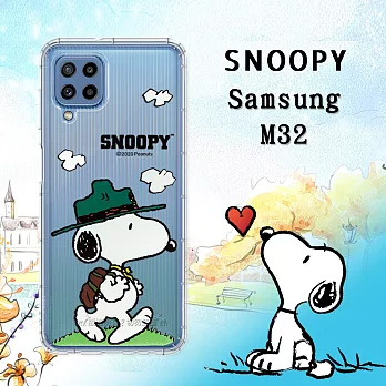 史努比/SNOOPY 正版授權 三星 Samsung Galaxy M32 漸層彩繪空壓手機殼(郊遊)