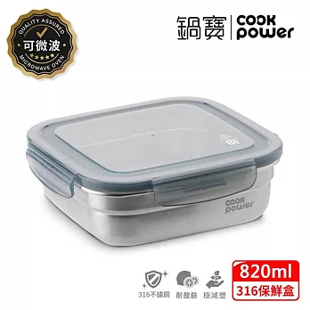 【CookPower 鍋寶】可微波316不鏽鋼保鮮盒820ml BVS-60802GR