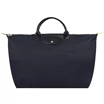 LONGCHAMP LE PLIAGE GREEN系列刺繡短把再生尼龍摺疊旅行袋(小) 黑