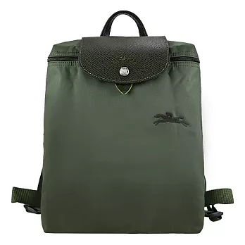 LONGCHAMP LE PLIAGE GREEN系列刺繡再生尼龍摺疊後背包 森林綠