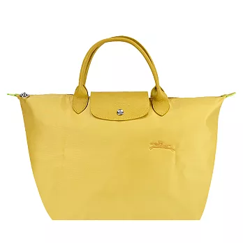 LONGCHAMP LE PLIAGE GREEN系列刺繡短把再生尼龍摺疊水餃包(中) 粉黃