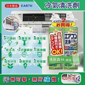 (2瓶超值組)日本EARTH地球製藥-NextPlus+免水洗10分鐘瞬效除臭防霉芳香冷氣清潔劑420ml/瓶(水刀式噴射去汙)  清新森林(綠瓶)
