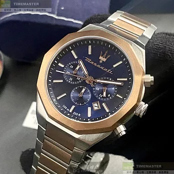 MASERATI瑪莎拉蒂精品錶,編號：R8873642002,46mm八角形玫瑰金精鋼錶殼寶藍色錶盤精鋼金銀相間錶帶