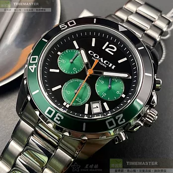 COACH蔻馳精品錶,編號：CH00118,44mm圓形墨綠色精鋼錶殼黑色錶盤精鋼銀色錶帶