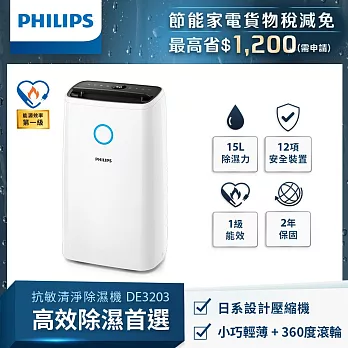 【飛利浦 PHILIPS】15公升★一級能效抗敏清淨除濕機(DE3203/81)