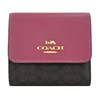 COACH 立體馬車LOGO 皮革拼接PVC三折短夾(多色選)- 胭脂紅X咖啡