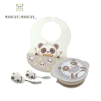 【MARCUS＆MARCUS】幼兒自主學習餐具3件組-貓熊款(圍兜+手握叉匙+吸盤碗含蓋)