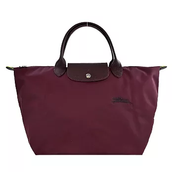 LONGCHAMP LE PLIAGE GREEN系列刺繡短把再生尼龍摺疊水餃包(中) 酒紅