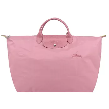 LONGCHAMP LE PLIAGE GREEN系列刺繡短把再生尼龍摺疊旅行袋(小) 花瓣粉