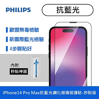 【Philips 飛利浦】Apple iPhone 14 Pro Max 6.7吋抗藍光9H鋼化玻璃保護秒貼 (DLK1306/11)