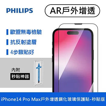 【Philips 飛利浦】iPhone 14 Pro Max 戶外增透鋼化玻璃保護貼-秒貼版 DLK5606/11