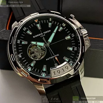 Giorgio Fedon 1919喬治飛登精品錶,編號：GF00115,46mm圓形銀精鋼錶殼黑色錶盤矽膠深黑色錶帶