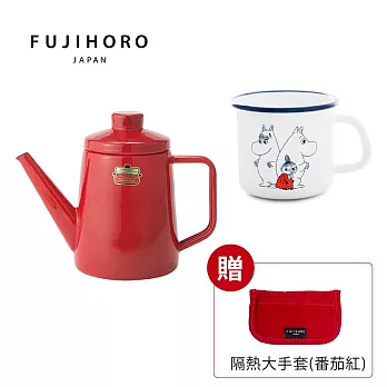 FUJIHORO日本富士琺瑯-1.0L 琺瑯手沖壺紅+嚕嚕米9cm琺瑯馬克杯(0.55L) 小美款+贈大手套-(12.5*7cm)番茄紅