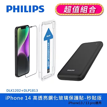 【Philips 飛利浦】iPhone 14 系列高透亮鋼化玻璃保護貼-秒貼版+ PD 10000mAh行動電源 DLK1202/11+DLP1813/96 IPhone 14