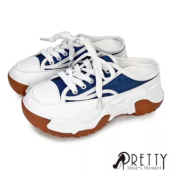 【Pretty】女 休閒拖鞋 老爹 穆勒鞋 帆布鞋 運動風 厚底 顯瘦 增高 JP23.5 藍色3