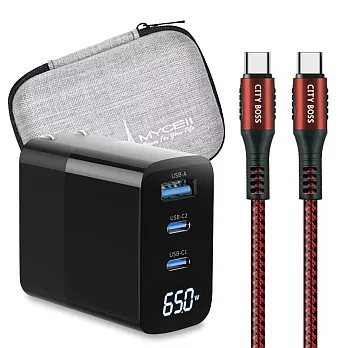 MYCELL 65W氮化鎵GDK55T 黑色+勇固線耐彎折編織線Type-C to Type-C-200cm 紅線