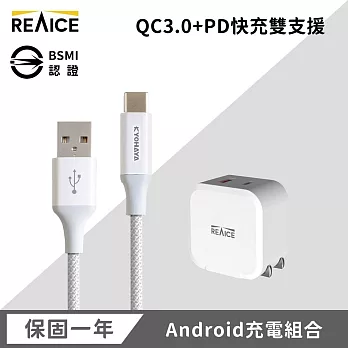 【REAICE】 PD20W 快速充電頭+USB-A &Type-C耐用編織充電線  銀色