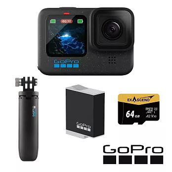 【GoPro】HERO 12 輕旅自拍套組 (HERO12單機+Shorty迷你延長桿+腳架+Enduro原廠充電電池+64G記憶卡) ​正成公司貨