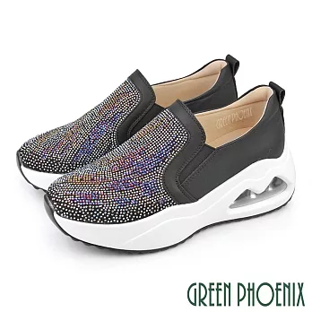 【GREEN PHOENIX】女 休閒鞋 懶人鞋 氣墊鞋 彈力 全真皮 水鑽 厚底 EU40 黑色