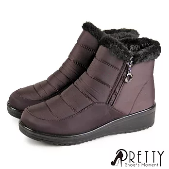 【Pretty】女 雪靴 短靴 防潑水 保暖 鋪毛 刷毛 拉鍊 輕量 小坡跟 EU38 棕色