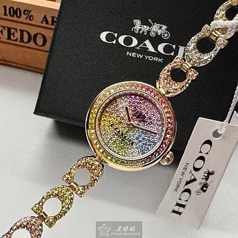 COACH蔻馳精品錶,編號：CH00186,24mm圓形金色精鋼錶殼彩虹滿天星錶盤精鋼彩虹錶帶