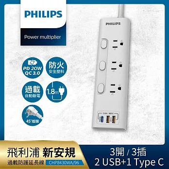 PHILIPS 飛利浦 新安規 3開3插 2USB+Type C PD 20W延長線1.8米 CHP8430 白色