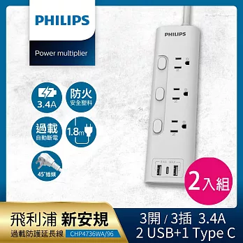 PHILIPS 飛利浦 新安規 3開3插 3.4A 2USB+Type C延長線1.8米 二入組 CHP4736 白色2入