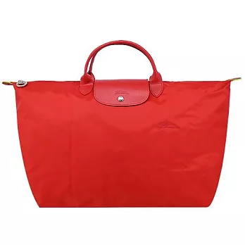 LONGCHAMP LE PLIAGE GREEN系列刺繡短把再生尼龍摺疊旅行袋(小) 番茄紅