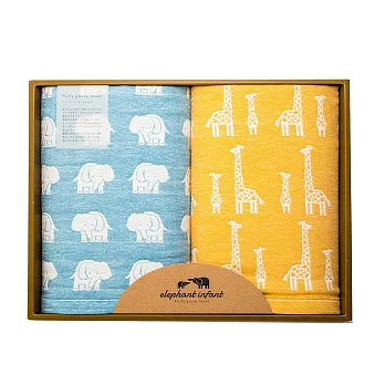 JOGAN日本成願毛巾 elephant infant 象寶貝系列 純棉浴巾2入 禮盒組 象寶寶藍+長頸鹿黃